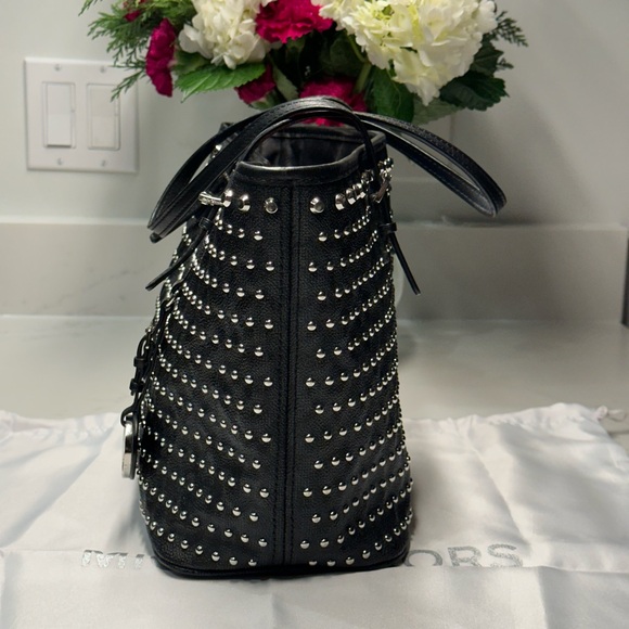 Michael Kors Black Studded Tote Silver Tone Hardware EUC comes w/ MK Dust Bag - Picture 5 of 16